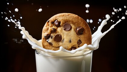 Chocolate chip cookie dunked in milk, creating a delicious splash!