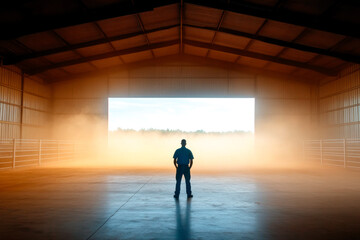 A silhouette of a person stands in a large, empty warehouse, illuminated by soft light and surrounded by a misty atmosphere.