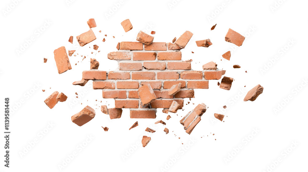 Poster brick wall crumbling with scattered bricks creating a sense of destruction and chaos in an isolated 