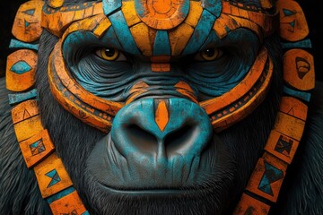 Obraz premium Powerful gorilla wearing tribal mask staring intently