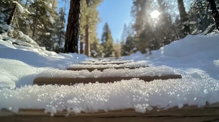 A close-up view of a snowy trail in a forest with wooden and stone pathways,