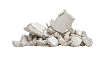 Pile of broken concrete blocks on a white background illustrating construction debris