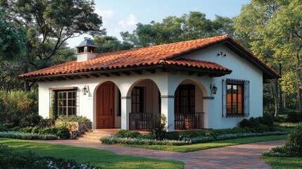 Beautiful spanish style house with clay tile roof and lush green lawn