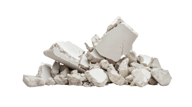 Pile of broken concrete blocks on a white background illustrating construction debris