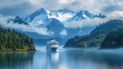 Cruise ship navigating alaskan waters with majestic snowy mountain peaks in the background