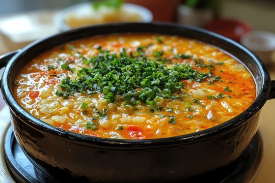Hot moqueca capixaba fish stew simmering in a clay pot, garnished with chopped chives
