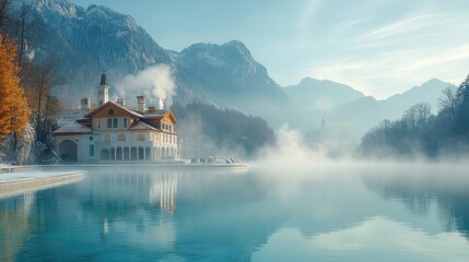 Fototapeta premium Scenic view of lake bled with misty morning and colorful building in winter