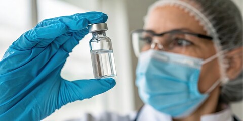 A gloved hand carefully holds a vial of clear liquid, representing medical research and development