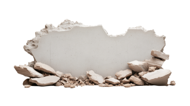 Fragmented wall section with scattered debris showcasing a weathered surface