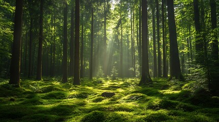 Obraz premium Sunlight filtering through a lush forest. Concept of nature, tranquility, and serenity.
