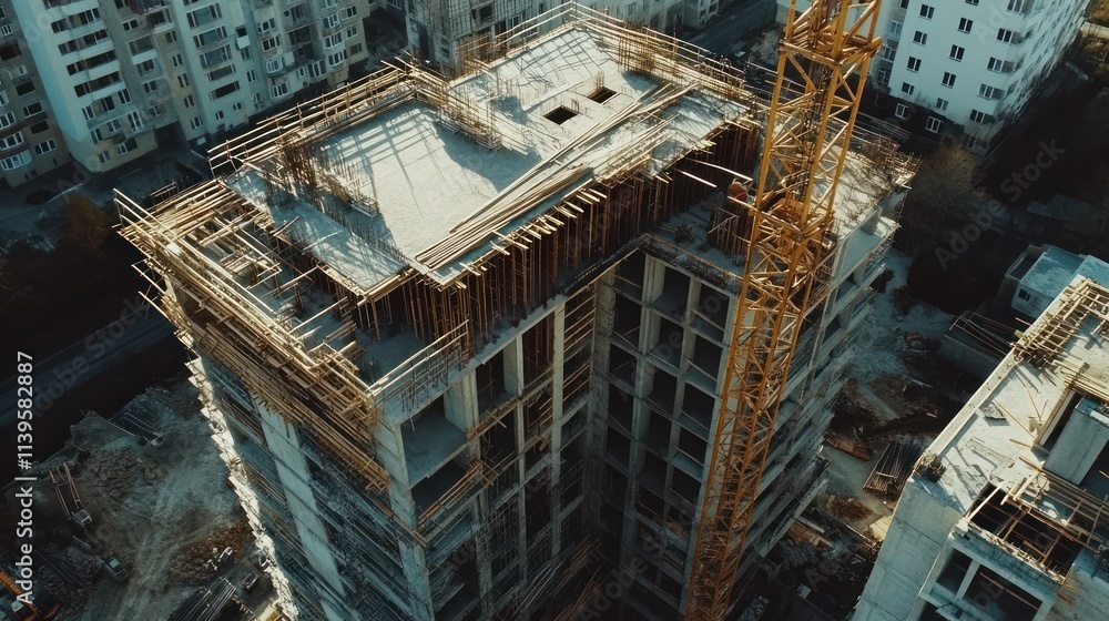 Poster aerial view of a construction site with a crane and partially built high-rise building.