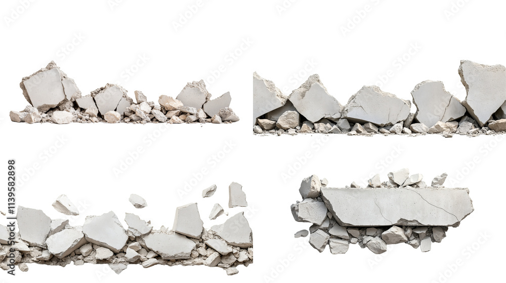 Poster fragments of broken concrete set against a transparent background showcasing different angles and sh