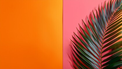 Tropical vibes on a vibrant orange and pink background. Palm leaf adds a touch of summer.