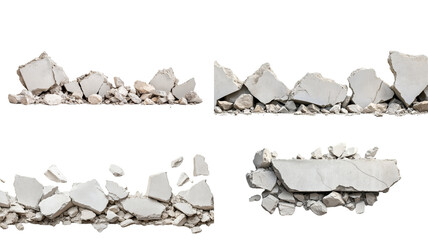 Fragments of broken concrete set against a transparent background showcasing different angles and shapes