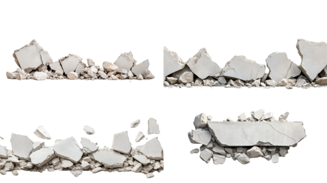 Fragments of broken concrete set against a transparent background showcasing different angles and shapes
