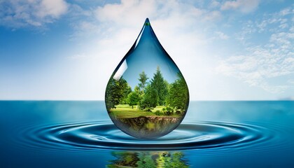 A large water drop reflects a lush landscape, symbolizing the importance of nature and clean water.