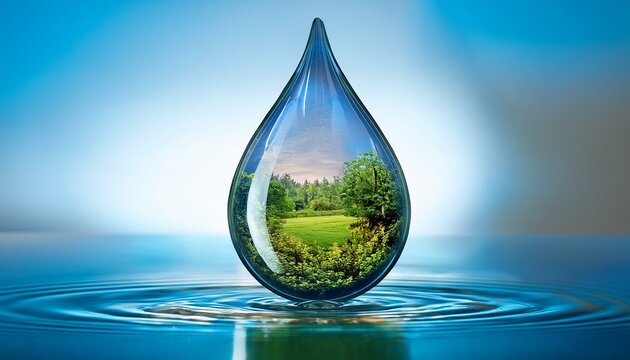 A single water drop reflects a lush landscape, symbolizing the preciousness of nature's resources.