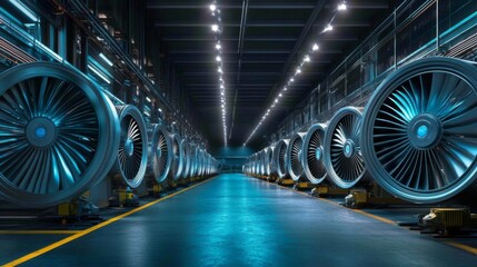 Rows of large industrial jet engines in a dark hangar.