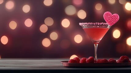 A vibrant pink cocktail garnished with a heart-shaped candy, surrounded by raspberries, set against a dreamy bokeh backdrop.