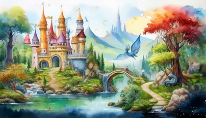 Enchanted castle nestled in a vibrant fantasy landscape. A whimsical scene with a dragon soaring overhead.