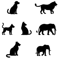 Silhouettes of various animals including dogs, feline, elephants, and a lion on a transparent background.