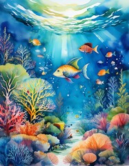 Fototapeta na wymiar Vibrant underwater scene with colorful fish swimming among coral reefs.
