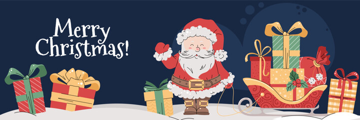 Christmas horizontal banner with Santa Claus, gifts, and sleigh on a blue background in a flat cartoon style. Vector illustration for poster, banner, invitation, etc.