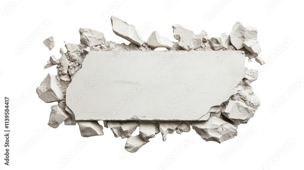 Poster broken wall with white plaster and rough edges on a transparent background for creative design proje
