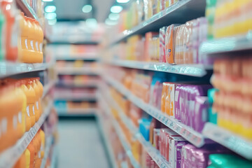 Blurred background of supermarket shelves with products, creating a depth blur effect
