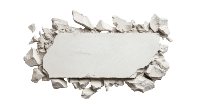 Broken wall with white plaster and rough edges on a transparent background for creative design projects