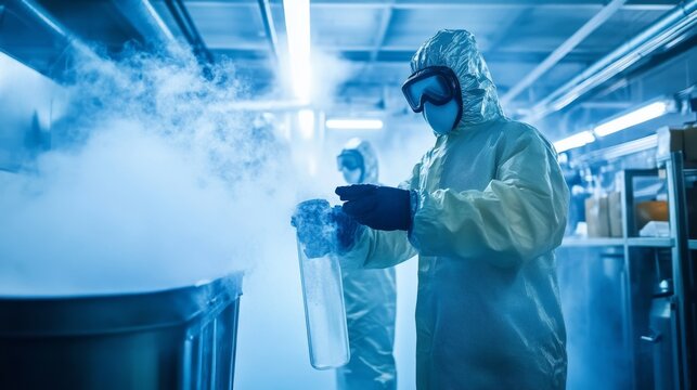 Scientists in protective suits handle cryogenic container in a lab.