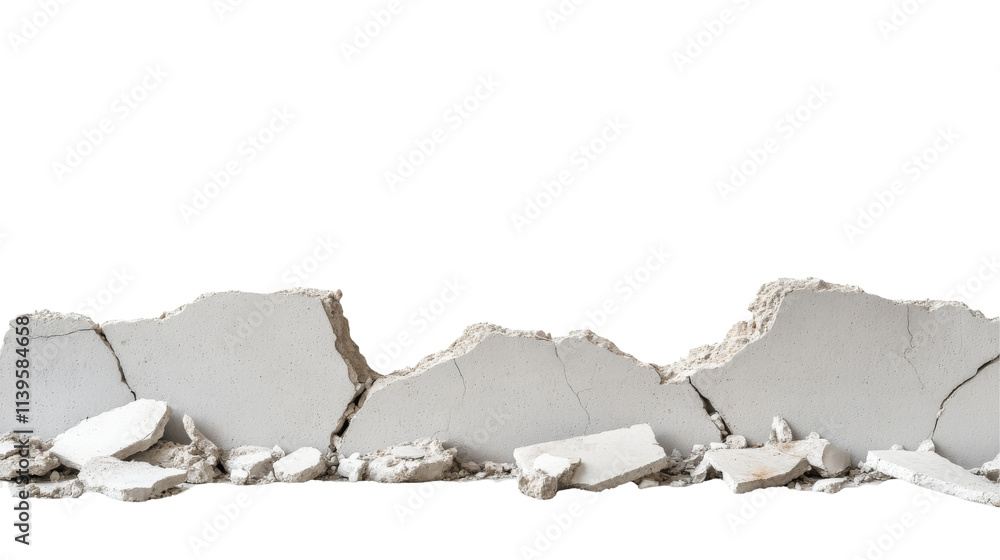 Poster displaced concrete wall segment showing cracks and debris on a transparent background