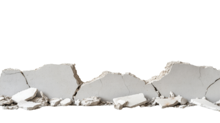 Displaced concrete wall segment showing cracks and debris on a transparent background