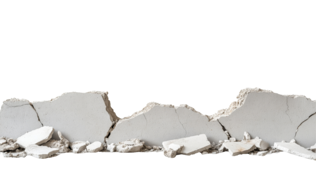 Displaced concrete wall segment showing cracks and debris on a transparent background