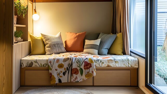 A guest room with a daybed that can be converted into a double bed and storage underneath