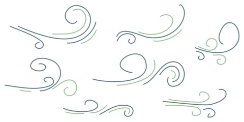 Doodle wind blow, gust, air blow, swirl design elements. isolated on white background. vector hand drawn illustration