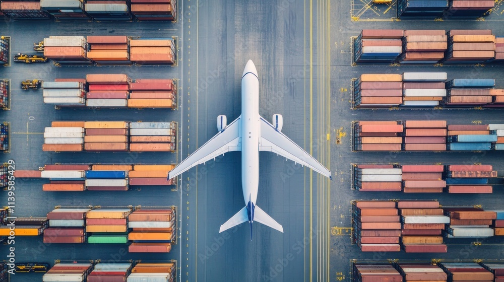 Poster aerial view of an airplane on a runway surrounded by shipping containers.