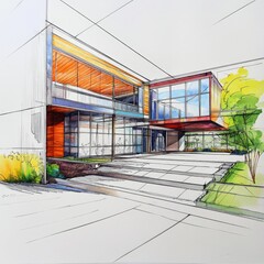 Obraz premium Modern Architectural Concept Sketch in Hand Drawing