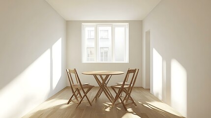 A small dining space with a round table and foldable chairs in a bright corner