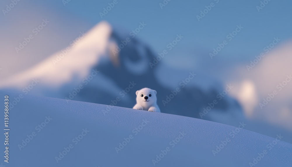 Wall mural Adorable polar bear cub peeking over snowdrift, majestic mountains backdrop.