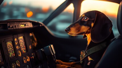 Adorable dachshund dog pilot in airplane cockpit at sunset.