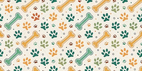 A whimsical pattern featuring dog bones and paw prints in various colors on a textured background.