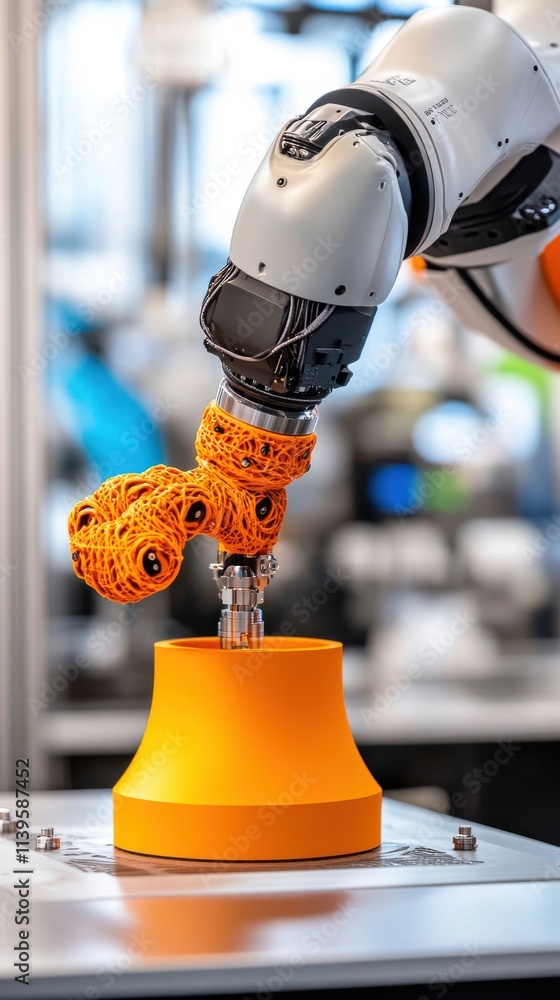 Poster advanced robotic arm manipulates orange textured material in industrial workspace, showcasing automa