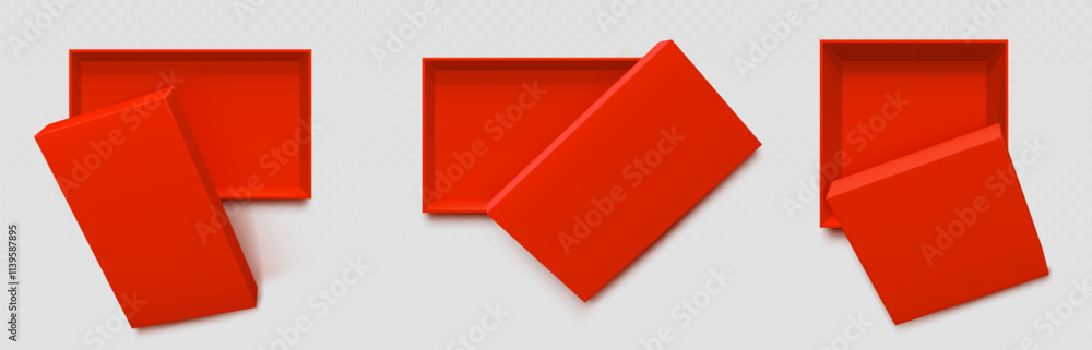 Poster three red rectangular and square boxes shown from top perspective with different lid options. empty 