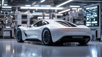 A futuristic car showcase featuring sleek white electric hypercars with glowing accents,