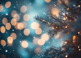 Naklejka premium Festive Christmas tree branch with lights and snow