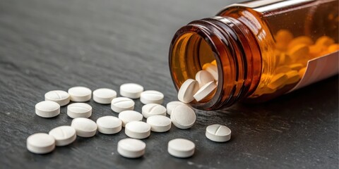 Amber bottle spilling white tablets onto a dark surface