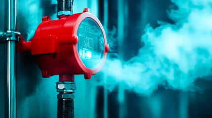 A close-up of a red gauge emitting vapor, set against a blue background, highlighting industrial machinery and steam dynamics.