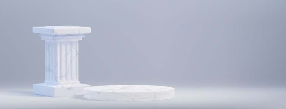 Elegant marble column with vertical fluted texture stands beside circular podium on neutral white background. Classical Greek architectural pedestal for product display or decorative presentation.