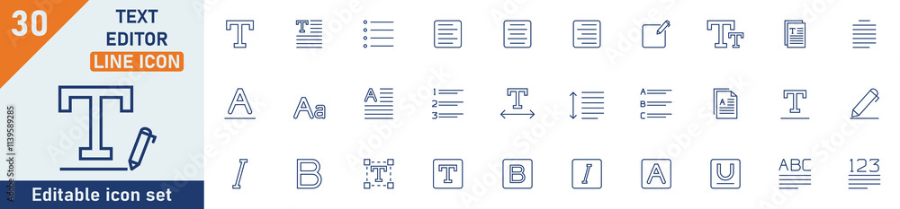 Fototapete text editor line icon set. set of 30 outline icons related to text, editor, writer, paragraph, font,
